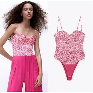 ZARA Corset Bodysuit Pink Floral Size XS • NEW  WITH TAGS •